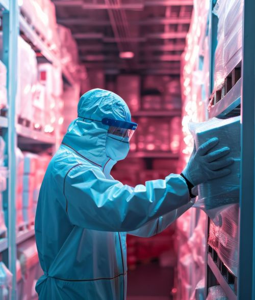 Worker wearing protective gear stacking boxes of frozen meat in a cold storage room, organizing inventory for distribution. Worker wearing protective gear stacking boxes of frozen meat in a cold storage room, organizing inventory for distribution.